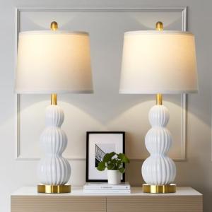 luxeflow 28" White Ceramic Table Lamps Set of 2, Modern Bedside Lamps for Night Stands, Triple Gourd Table Lamp for Living Room End Table or Bedroom Nightstand (2 LED Bulbs Included)