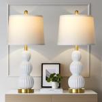 luxeflow 28" White Ceramic Table Lamps Set of 2, Modern Bedside Lamps for Night Stands, Triple Gourd Table Lamp for Living Room End Table or Bedroom Nightstand (2 LED Bulbs Included)