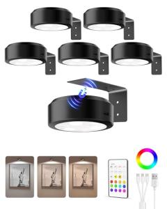 EZVALO Picture Lights for Wall, 2000mAh Rechargeable Battery Magnetic Poster Lights with 3 Color Temps & 12 RGB, Remote Dimmable Timer Painting Light, Wall Decor Light for Art Display, Frame (6 Pack)