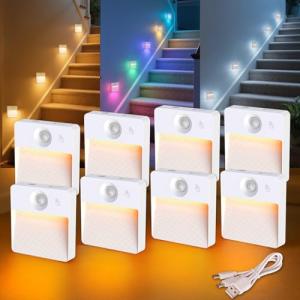 Guankai 8 Pack Rechargeable Motion Sensor Stair Light for Indoor, RGBW Battery Operated Closet Lights, Stick On Night Lamp, Motion Activated Magnetic Lighting Lamps for Step,Cabinet,Hallway,Bathroom