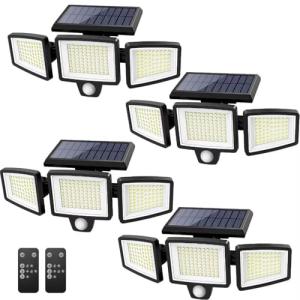 Tuffenough Solar Outdoor Lights 2500LM 210 LED Security Lights with Remote Control,3 Heads Motion Sensor Lights, IP65 Waterproof,270° Wide Angle Flood Wall Lights with 3 Modes(4 Pack)