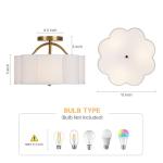 CALOKES Semi Flush Mount Ceiling Light, 11.8" Modern 3-Light Fixture with Petal-Shaped Cream White Fabric Shade and Golden Support Arm, Ideal for Bedroom, Kitchen, Living Room, Hallway, and Entryway