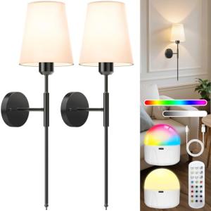 ECOHOM 25.6 inch Battery Operated Wall Sconces Set of 2, Wireless Wall Lights with Rechargeable Bulbs & Remote, 15 Colors & Dimmable, Battery Powered Wall Lights for Bedroom, Living Room,Hallway,Black