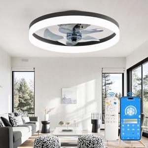 CubiCubi Ceiling Fans with Lights, 20 Inch Black Low Profile Ceiling Fans with Lights and Remote Control, APP, Modern Flush Mount LED Ceiling Fan with 3CCT and 6 Wind Speeds, LED Fans for Bedroom