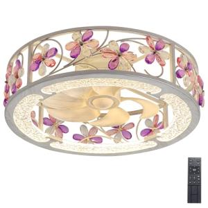 20 Inch Low Profile Caged Ceiling Fan with Light, Flower Chandelier Flush Mount Ceiling Lights Remote Control,Crystal Fandelier Bladeless 6 Speeds for Girl's Bedroom, Living Room,Hand Painted White
