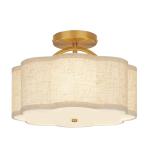 CALOKES Semi Flush Mount Ceiling Light, 11.8" Modern 3-Light Fixture with Petal-Shaped Cream Beige Linen Shade and Golden Support Arm, Ideal for Bedroom, Kitchen, Living Room, Hallway, and Entryway