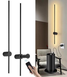 Battery Operated Wall Sconces with Remote Control, USB Rechargeable Wall Sconce Set of Two, Dimmable LED Wall Lights Indoor, 360° Rotate Cordless Wall Lamp for Living Room Bedroom Hallway, Black, 40In