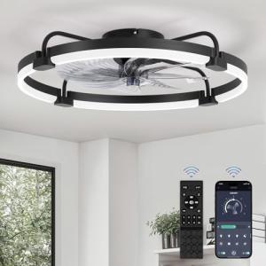 LEDIARY Ceiling Fans with Lights and Remote, 24'' Low Profile Ceiling Fan with Light, 3000-6000K Dimmable Fandelier LED Fan Light, 6 Wind Speeds, Black Modern Flush Mount Ceiling Fan for Bedroom