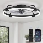 LEDIARY Ceiling Fans with Lights and Remote, 24'' Low Profile Ceiling Fan with Light, 3000-6000K Dimmable Fandelier LED Fan Light, 6 Wind Speeds, Black Modern Flush Mount Ceiling Fan for Bedroom