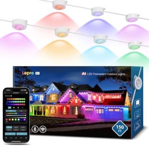 Lepro E1 AI Permanent Outdoor Lights APP Control, 150ft 90 LED Smart RGB+IC+Warm/Cool White House Eave Lights for Halloween Christmas, Alexa Google Enabled 2.4 GHz WiFi/Bluetooth, NO Remote Controller