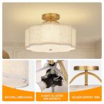 CALOKES Semi Flush Mount Ceiling Light, 11.8" Modern 3-Light Fixture with Petal-Shaped Cream Beige Linen Shade and Golden Support Arm, Ideal for Bedroom, Kitchen, Living Room, Hallway, and Entryway