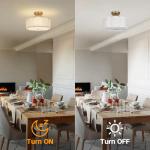 CALOKES Semi Flush Mount Ceiling Light, 11.8" Modern 3-Light Fixture with Petal-Shaped Cream Beige Linen Shade and Golden Support Arm, Ideal for Bedroom, Kitchen, Living Room, Hallway, and Entryway