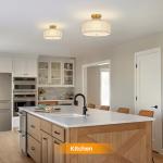 CALOKES Semi Flush Mount Ceiling Light, 11.8" Modern 3-Light Fixture with Petal-Shaped Cream Beige Linen Shade and Golden Support Arm, Ideal for Bedroom, Kitchen, Living Room, Hallway, and Entryway