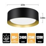 BrightHome Flush Mount LED Ceiling Light, 13in 2400LM 25W, 3 Color (3000K, 4000K, 5000K) Dimmable Black Gold Modern Lamp for Bedroom, Bathroom, Hallway, Kitchen
