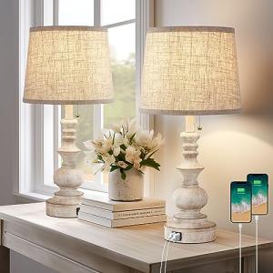 Drawealth Table Lamps for Bedrooms Set of 2 Farmhouse Bedside Lamps for Nightstand with USB Charging Ports Traditional Side Table Lamps for Living Room Wooden Finish, Pull Chain, Bulbs Not Included