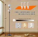 Fiqevs Upgraded Dimmable 3 Globe Mid Century Modern Floor Lamp, 3 x 3000K Warm Light LED Bulbs Included, Matt Black Standing Lamp with Sphere Glass Shade, Vintage Tall Lamp for Living Room, Bedroom