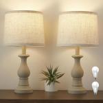 Hikczc Vintage Table Lamp for Living Room Bedroom, 18.5" Farmhouse Bedside Lamps Nightstand Lamp Set of 2, Table Lamps with Oatmeal Linen Lamp Shades, 2 LED Bulbs Included, White Stripe