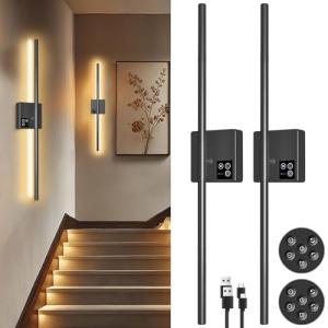 31in Wireless Wall Sconces Set of Two, [Creates Sunset Glow Ambiance] Dimmable 2700K–6000K with 8000mAh Battery & Display, Touch/Remote Control, Rechargeable Wall Lamps for Home Decor – Black