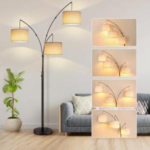 OUTON Arc Led Floor Lamp, Modern Black 3 Light Tall Floor Lamp for Bedroom, 2400lm Mid Century Adjustable Standing Corner Lamps for Living Room Office, 3 LED Bulbs Included, White Lampshade