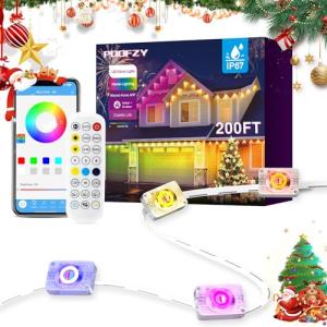 POOFZY Permanent Outdoor Lights for House,200ft RGB+IC Smart Outdoor Decor, 50 Scene Modes,App/Remote Control,IP67 Waterproof,for Christmas,Halloween,Daily & Holiday Party Decor,House Roof Lighting