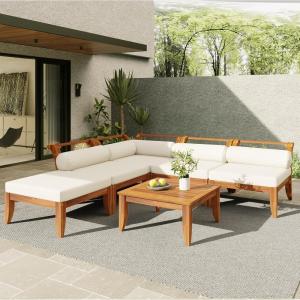 Outdoor Patio L-Shaped Sectional Sofa Set with Acacia Wood and Coffee Table for Conversation Seating