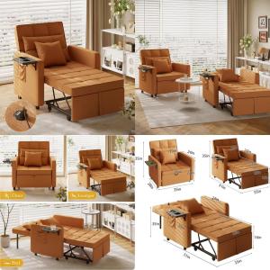 Convertible Sofa Chair Bed with Wing Table and USB Ports, 3-in-1 Futon Couches Including Two Pillows, Sleeper Sofa for Comfortab