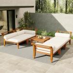 Outdoor Patio L-Shaped Sectional Sofa Set with Acacia Wood and Coffee Table for Conversation Seating