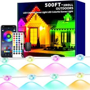 Permanent Outdoor Lights 500FT Smart Outside RGB LED Christmas Light, App Control Remote IP67 Waterproof Eternity Eaves Lighting for Halloween，House，Patio Decor ，Garden Decor, Decorations（2*250ft)