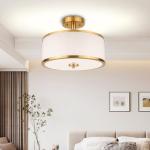Edwarmlux 3-Light Semi Flush Mount Ceiling Light Fixture, 12.6" Gold Drum Light with White Fabric Shade, Modern Close to Ceiling Light for Living Room Bedroom Dining Room Kitchen Hallway Entry Foyer