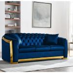 Velvet Luxury Chesterfield Sofa Set 84 Inches Tufted 3 Seat Couch with Gold Stainless for Living Room Navy Blue Fabric