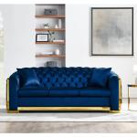 Velvet Luxury Chesterfield Sofa Set 84 Inches Tufted 3 Seat Couch with Gold Stainless for Living Room Navy Blue Fabric