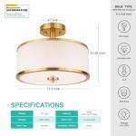 Edwarmlux 3-Light Semi Flush Mount Ceiling Light Fixture, 12.6" Gold Drum Light with White Fabric Shade, Modern Close to Ceiling Light for Living Room Bedroom Dining Room Kitchen Hallway Entry Foyer