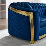 Velvet Luxury Chesterfield Sofa Set 84 Inches Tufted 3 Seat Couch with Gold Stainless for Living Room Navy Blue Fabric