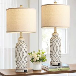 SRJJRS Farmhouse Table Lamps for Bedroom Set of 2, 28" Rustic Bedside Lamp with USB Ports, 3-Way Dimmable Nightstand Table Lamp for Living Room with Linen Drum Shade (Bulbs Included)