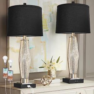 QiMH Table Lamps Set of 2, Bedroom Lamp with USB A+C Charging Ports, Modern Glass Beside Lamps for Living Room Rotary Switches, Black Nightstand Lamp Home Lights Decor (LED Bulbs Included)