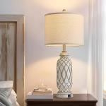 SRJJRS Farmhouse Table Lamps for Bedroom Set of 2, 28" Rustic Bedside Lamp with USB Ports, 3-Way Dimmable Nightstand Table Lamp for Living Room with Linen Drum Shade (Bulbs Included)