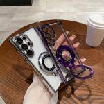 Four Corners Anti Drop Transparent Electroplated Magnetic Stand Protective Case For Samsung Galaxy S25 S24 S23 S22 Ultra Plus