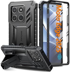 FNTCASE for Motorola Edge 2025 Case: Military Grade Drop Proof Protection Mobile Cover with Kickstand | Matte Textured Rugged Shockproof TPU | Protective Sturdy Phone Case - Black