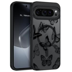 BENTOBEN Magnetic for Google Pixel 10 Case with Cute Butterfly Pattern, [Compatible with MagSafe] Translucent Matte Slim Shockproof Women Girl Protective Phone Case for Google Pixel 10,Black