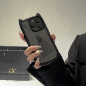 Cute Cat Ear Transparent Case For iPhone 17Air 12 13 14 15 16 Pro Max 11 Shockproof Acrylic Back Cover Silicone Kawaii Funda
