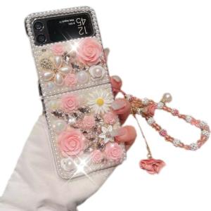 for Moto Razr 40,Motorola Moto Razr 2023 Case,Cute Luxury 3D Crystal Rhinestone Diamond Flowers Sparkle Stunning Stones Pearl with Wrist Strap Women Girls for Motorola Razr 2023