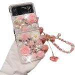 for Moto Razr 40,Motorola Moto Razr 2023 Case,Cute Luxury 3D Crystal Rhinestone Diamond Flowers Sparkle Stunning Stones Pearl with Wrist Strap Women Girls for Motorola Razr 2023