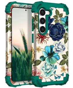 Hocase for Galaxy S23 Plus Case, Shockproof Heavy Duty Protection Soft Silicone Rubber Bumper+Hard Plastic Hybrid Protective Case for Samsung Galaxy S23 Plus (6.6"") 2023 - Teal Flowers