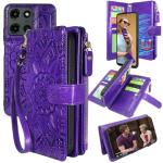 Harryshell Detachable Wallet Leather Case Compatible with Motorola Moto G 2025 Magnetic Phone Case Zipper with Cash Coin Pocket Multi Card Slots Holder Wrist Strap (Flower Purple)