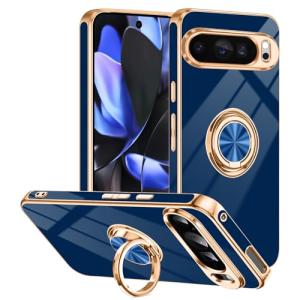 Tnarru Designed for Google Pixel 9 Pro XL Case with Ring Stand, Support Magnetic Car Mount Rotating Finger Holder Soft TPU Cover Plating Edge Slim Phone Case for Pixel 9 Pro XL 5G Blue
