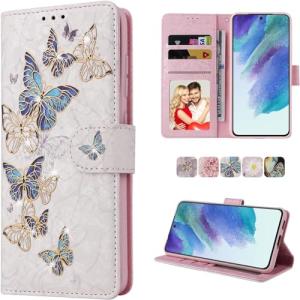UEEBAI Wallet Case for Samsung Galaxy A15 4G/5G, PU Leather Phone Case Kickstand RFID Blocking Flip Case Card Slots Wrist Strap Relief Engraved Pattern Magnetic Closure Folio Case - Blue Butterfly