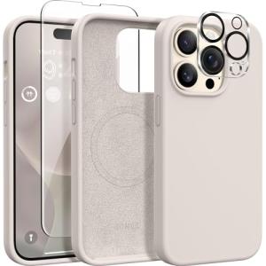 GONEZ for iPhone 14 Pro Case, Compatible with Magsafe, with Screen Protector + Camera Lens Protector, Soft Anti-Scratch Microfiber Lining, Shockproof Liquid Silicone Phone Cover, Stone