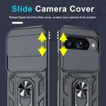 Janmitta Case Compatible with Google Pixel 10/10 Pro Built in Slide Camera Lens Cover+Screen Protector+Finger Ring Holder Kickstand,Heavy Duty Shockproof Full Body Protective Phone Cover,Black