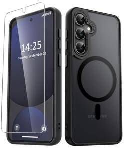 YENAPOON for Samsung Galaxy S25 FE Case, Matte Magnetic Phone Case with 1 Screen Protector, Support for Magsafe, Translucent Frosted Shockproof Protective Cover for Samsung Galaxy S25 FE, Black