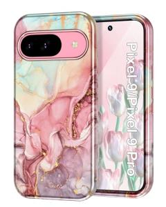Btscase for Google Pixel 9 Pro Case/Pixel 9 Case 2024 [Military Grade Shockproof] Stylish Marble Pattern Slim Protective 3 Layers Hard PC+Soft Silicone Rugged Women Men Anti-Scratch Cover, Rose Gold